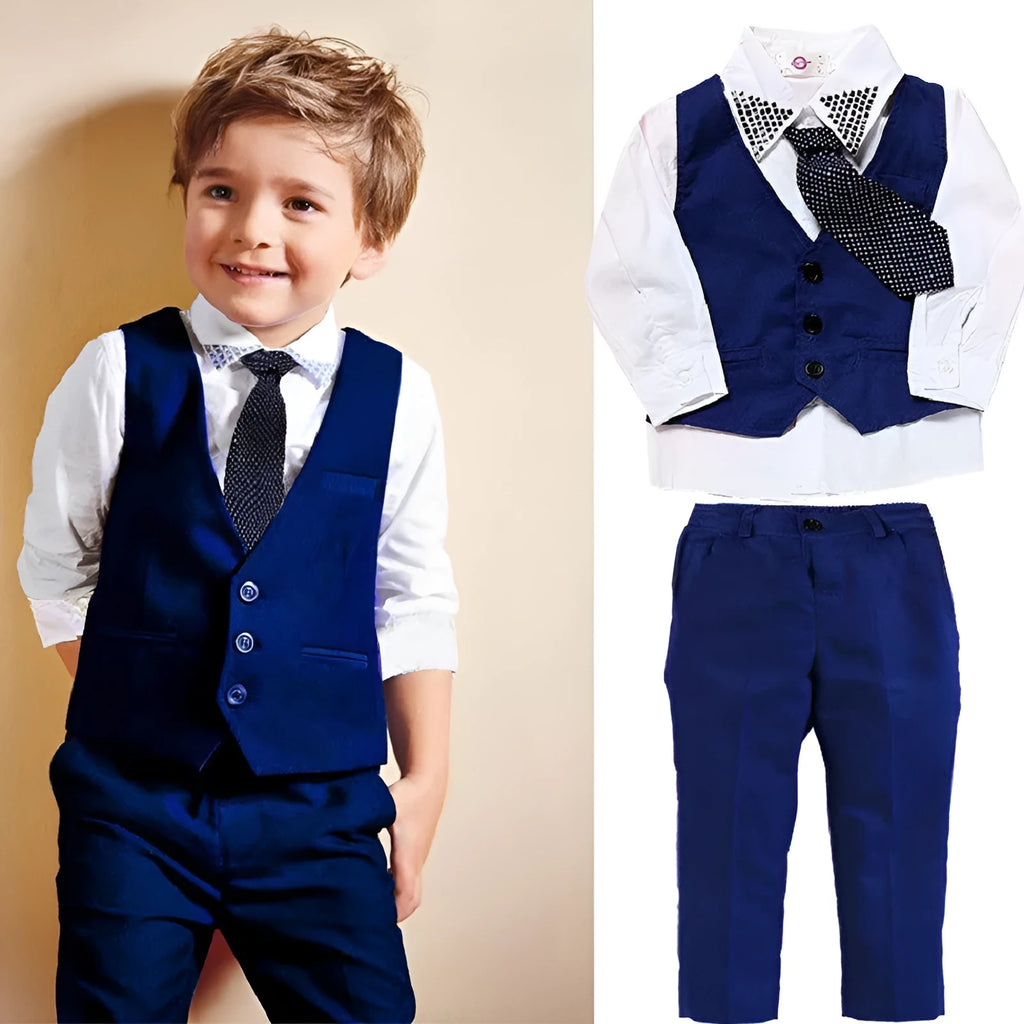 Blue boys smart clothing suit set with turtleneck, vest, tie and trousers on hanger