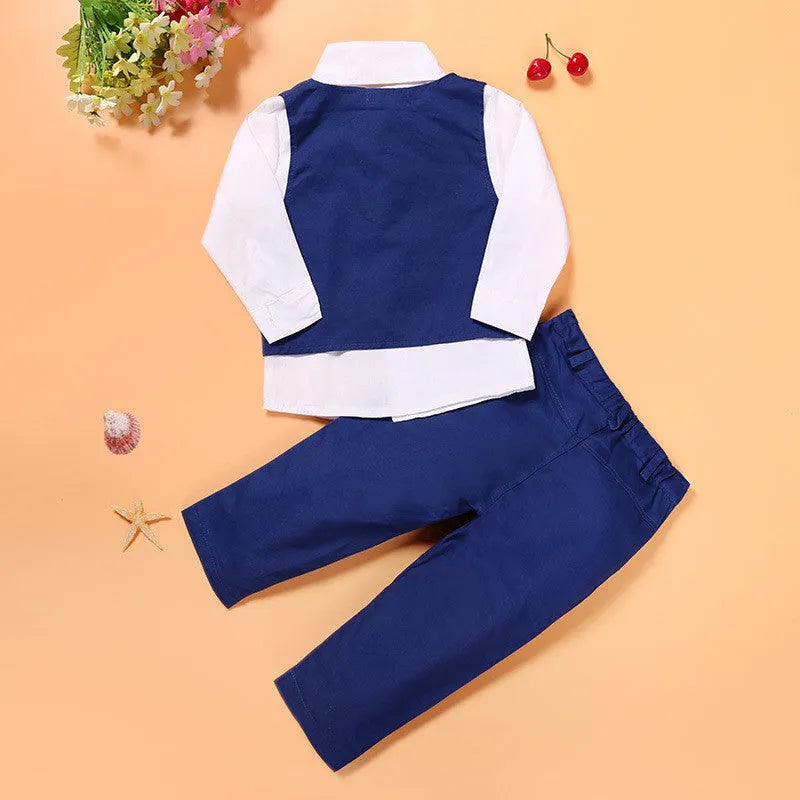 Blue boys smart clothing suit set with turtleneck, vest, tie and trousers on hanger