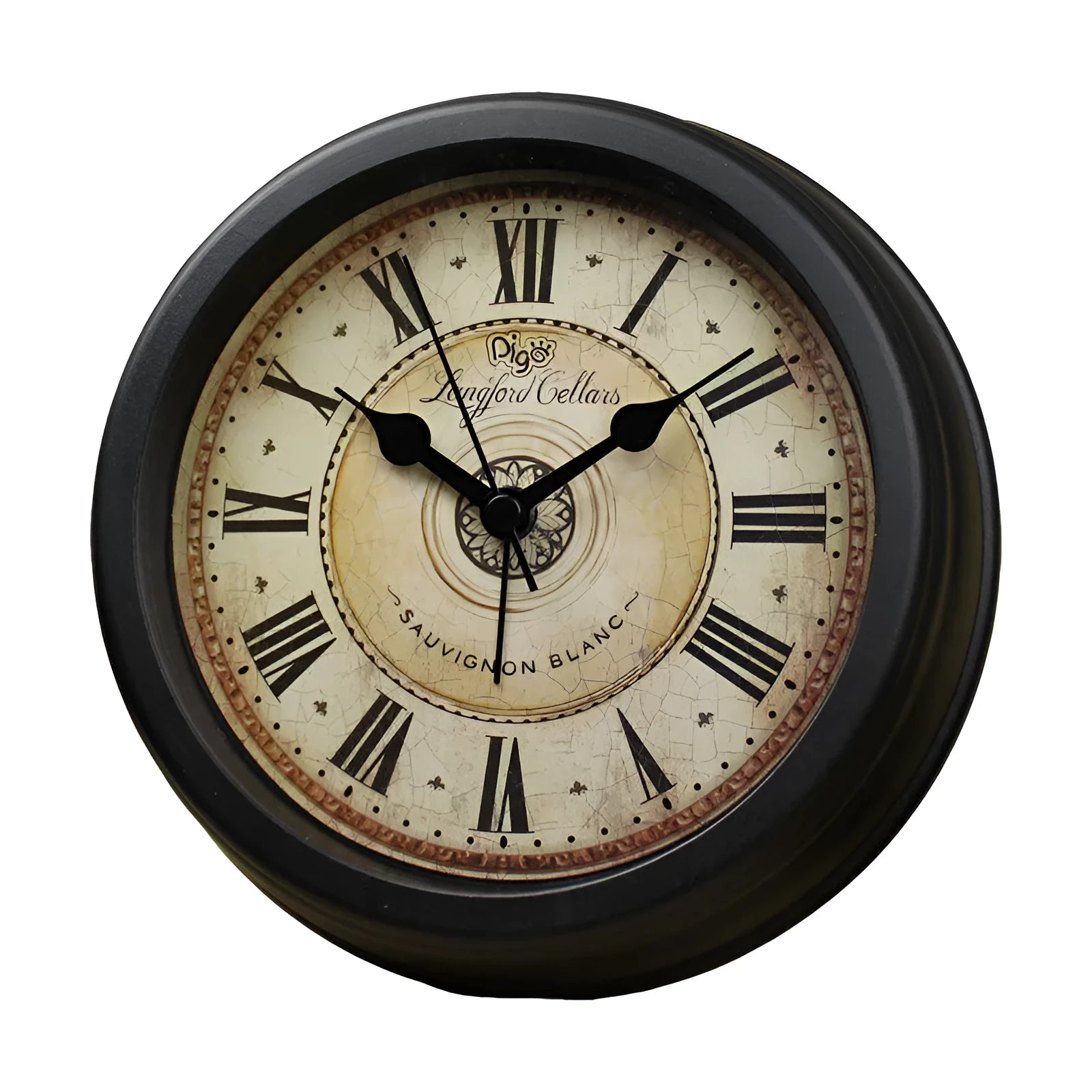 European retro style round desk alarm clock with silent sweep movement on a wooden surface.