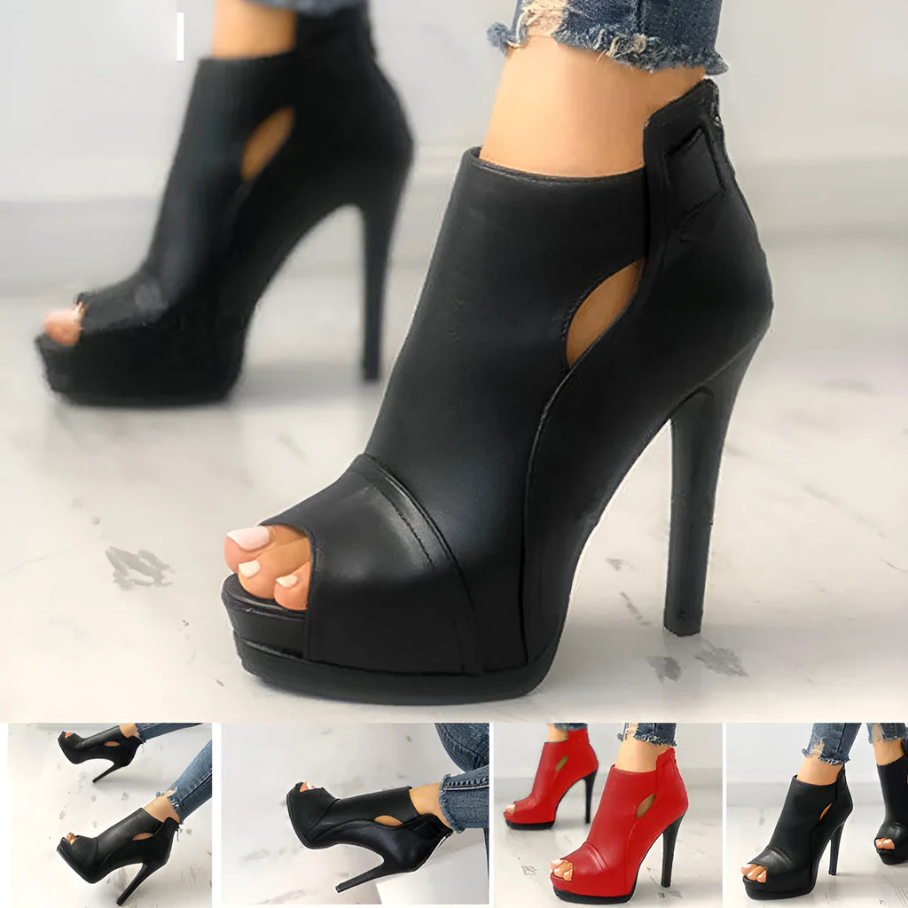 Women hollow square heel platform breathable office boots in Black, Black B, and Red colours