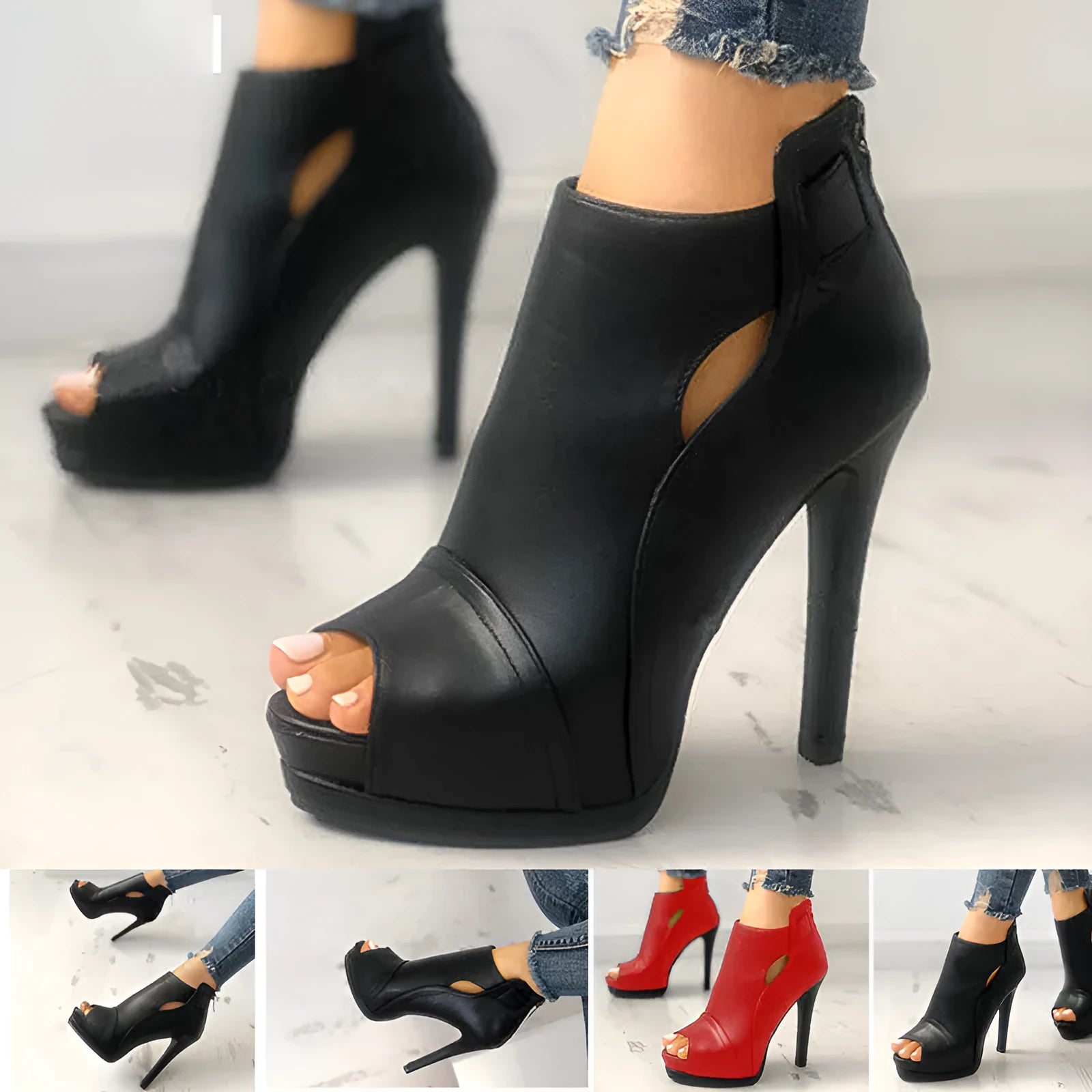 Women hollow square heel platform breathable office boots in Black, Black B, and Red colours