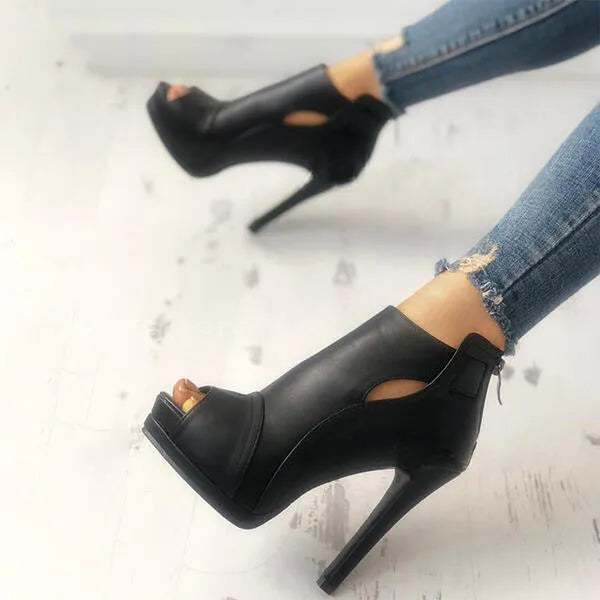Women hollow square heel platform breathable office boots in Black, Black B, and Red colours