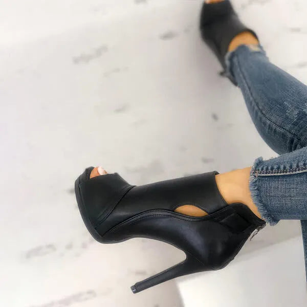 Women hollow square heel platform breathable office boots in Black, Black B, and Red colours