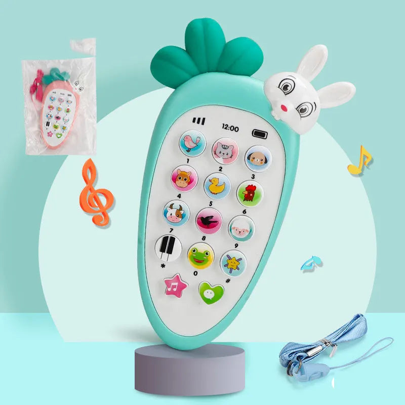 Pink baby electronic phone toy with colourful buttons on a white background