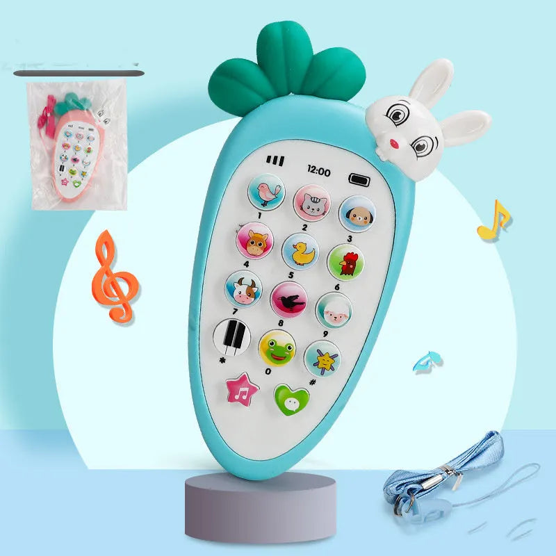 Pink baby electronic phone toy with colourful buttons on a white background