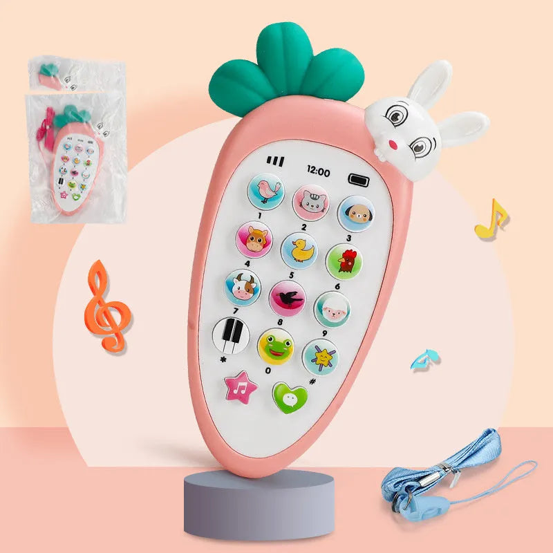 Pink baby electronic phone toy with colourful buttons on a white background