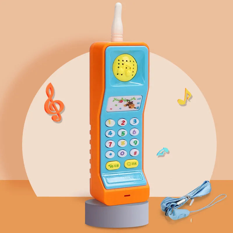 Pink baby electronic phone toy with colourful buttons on a white background