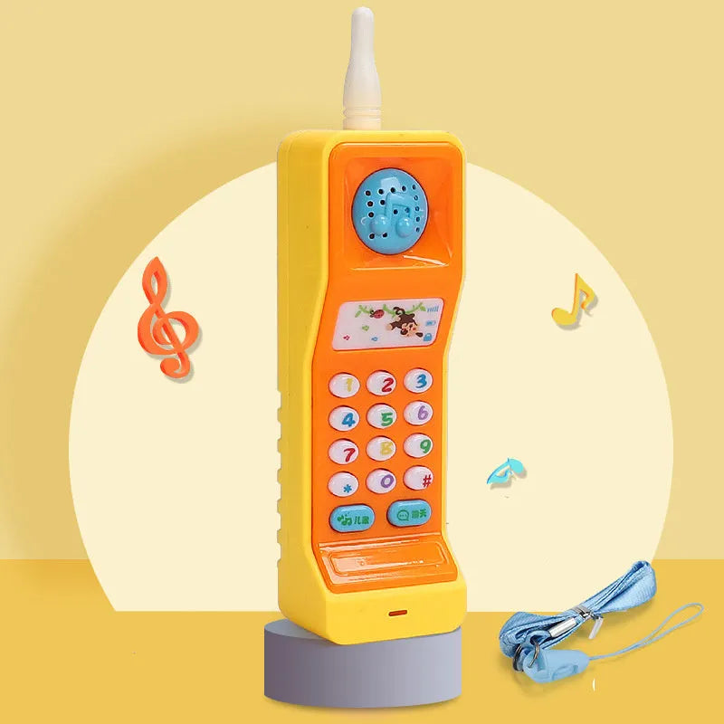 Pink baby electronic phone toy with colourful buttons on a white background