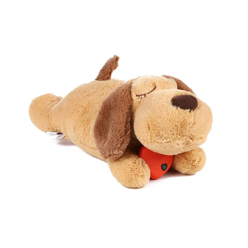 Brown plush puppy training toy with heart beater for anxiety relief and gentle chewing