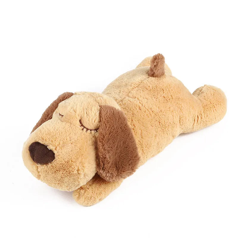 Brown plush puppy training toy with heart beater for anxiety relief and gentle chewing