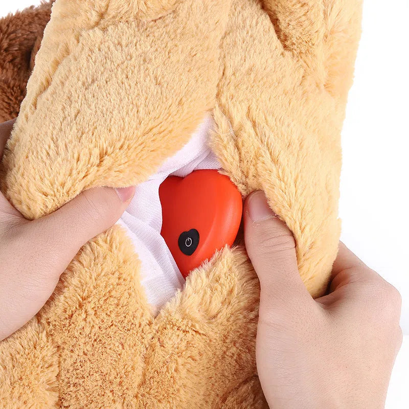 Brown plush puppy training toy with heart beater for anxiety relief and gentle chewing