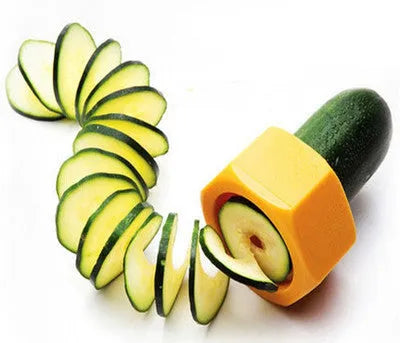 Yellow and green plastic spiral vegetable cutter showing 8cm diameter and spiral cutting mechanism