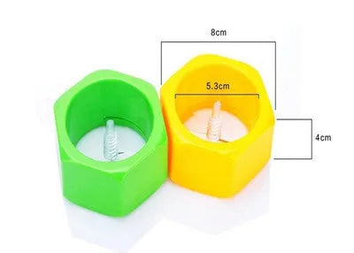Yellow and green plastic spiral vegetable cutter showing 8cm diameter and spiral cutting mechanism
