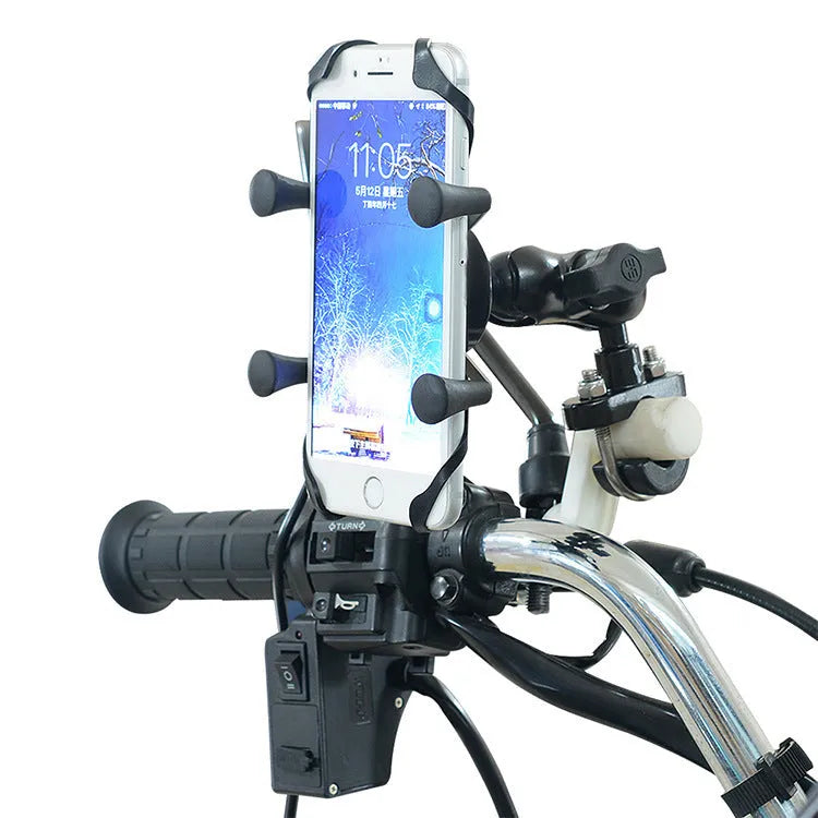 Black aluminium alloy motorcycle phone bracket mounted on handlebar holding smartphone
