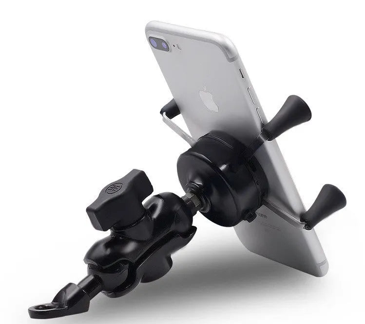 Black aluminium alloy motorcycle phone bracket mounted on handlebar holding smartphone