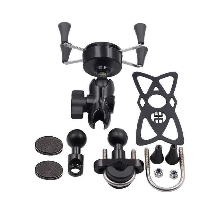 Black aluminium alloy motorcycle phone bracket mounted on handlebar holding smartphone