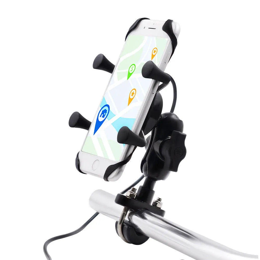 Black aluminium alloy motorcycle phone bracket mounted on handlebar holding smartphone