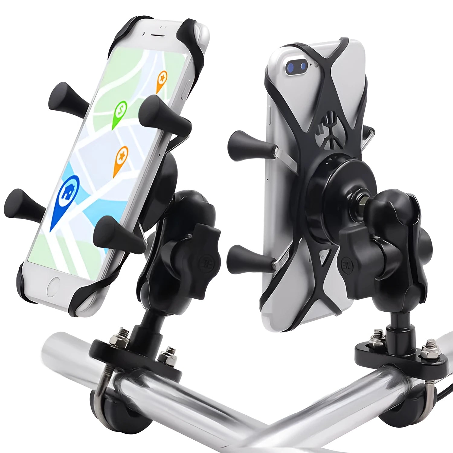 Black aluminium alloy motorcycle phone bracket mounted on handlebar holding smartphone