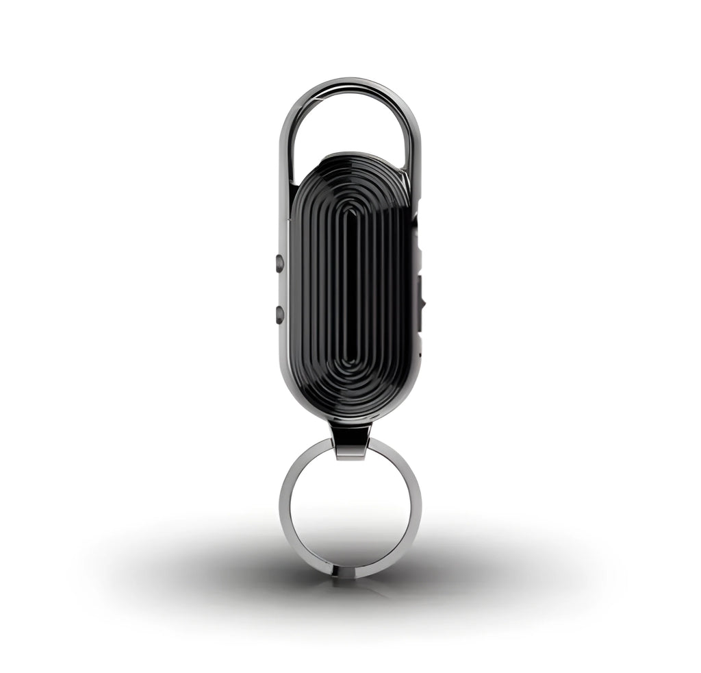 Black zinc alloy portable voice recorder with USB port and one-key recording button.