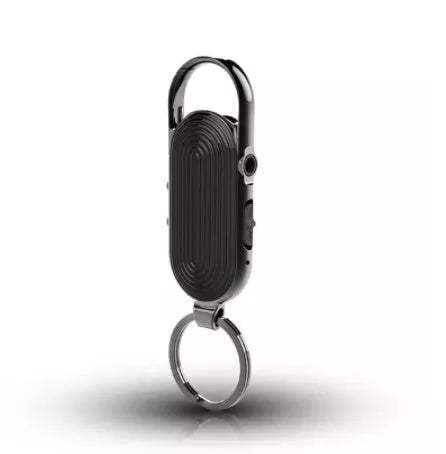 Black zinc alloy portable voice recorder with USB port and one-key recording button.