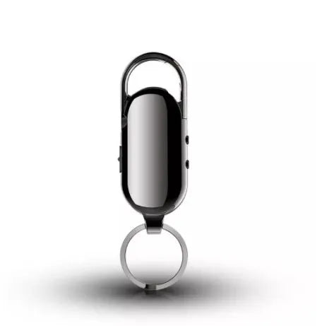 Black zinc alloy portable voice recorder with USB port and one-key recording button.