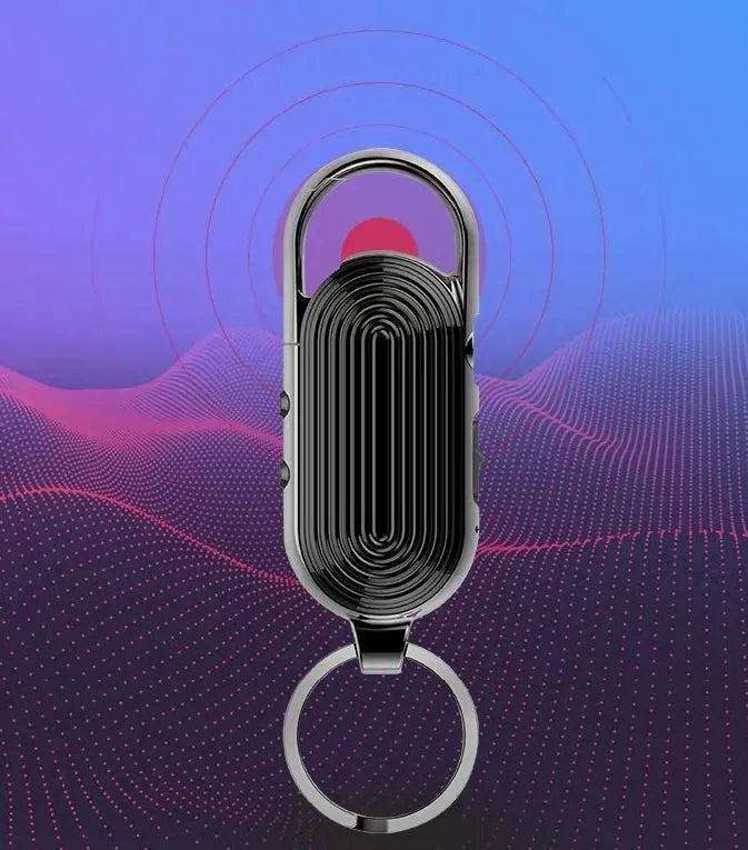 Black zinc alloy portable voice recorder with USB port and one-key recording button.