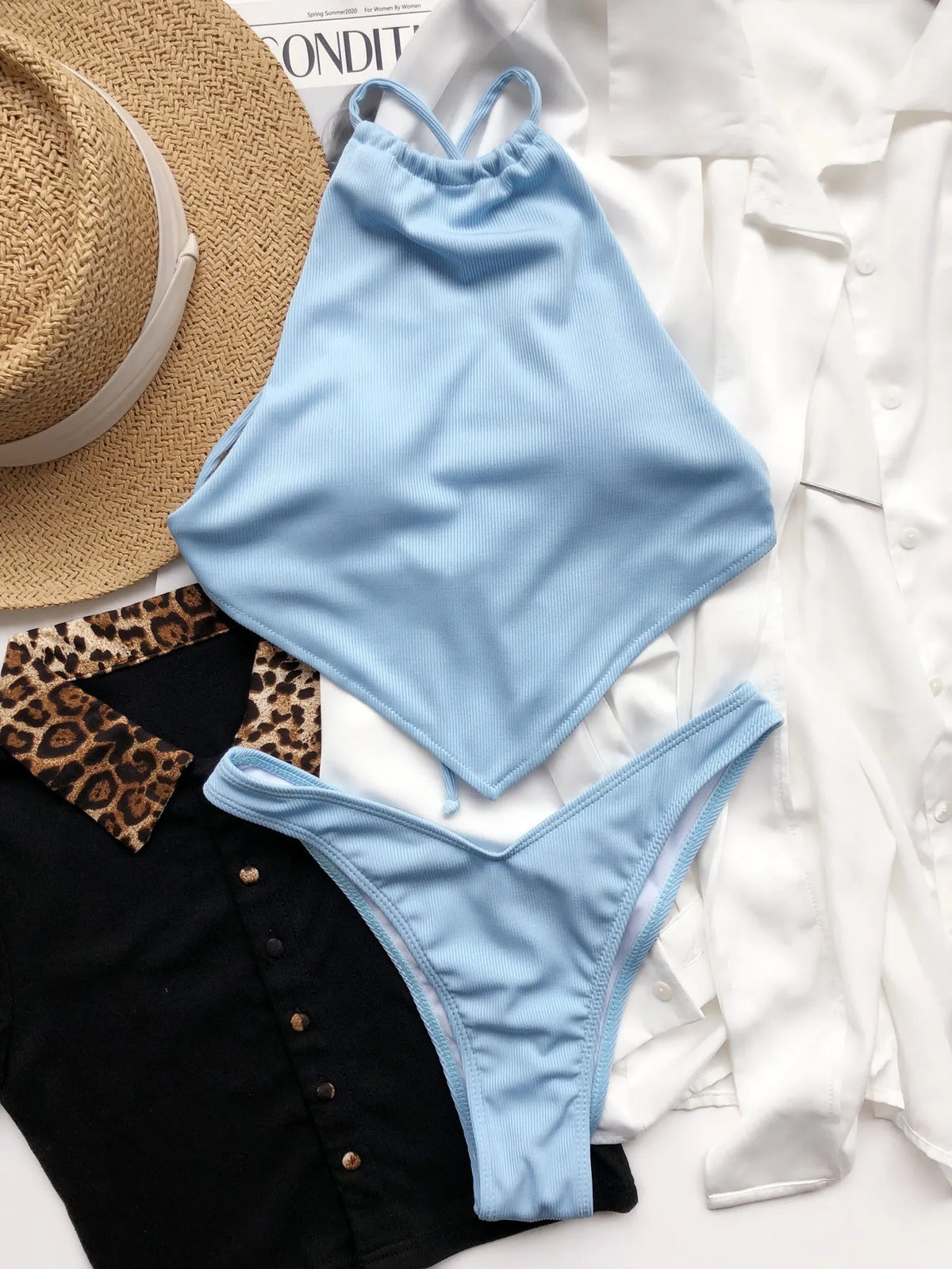 Women's high waist bikini set in sky blue, 82% nylon with 18% polyester lining and chest pad, sizes S M L