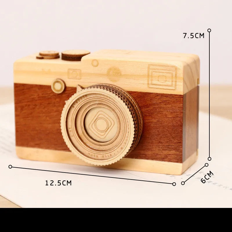 Wooden camera design music box with rotating mechanism in mini carton packaging