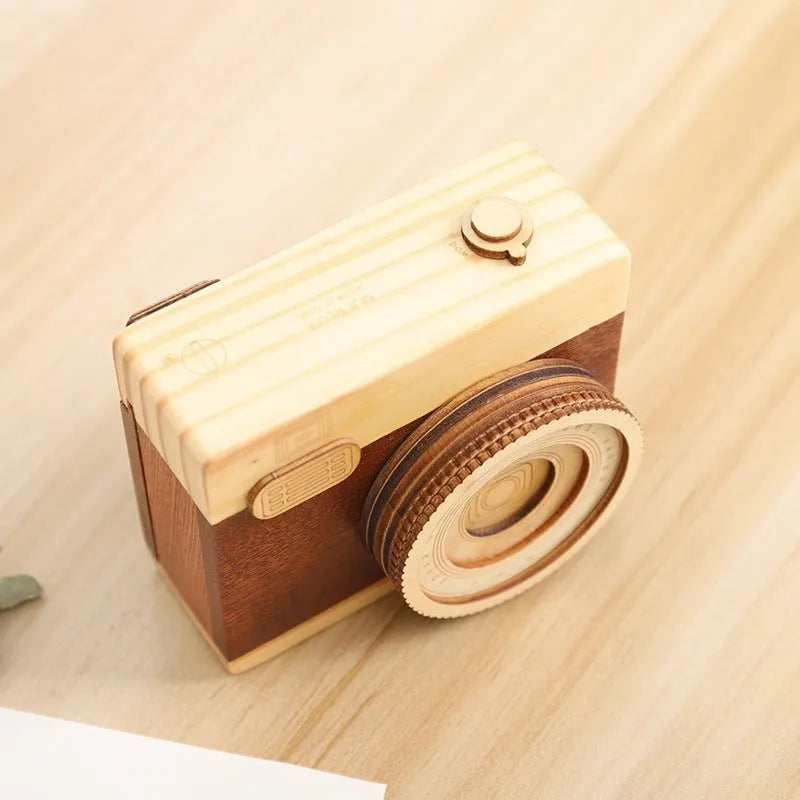 Wooden camera design music box with rotating mechanism in mini carton packaging