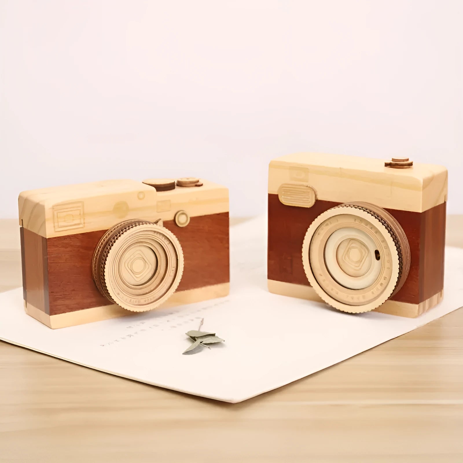 Wooden camera design music box with rotating mechanism in mini carton packaging