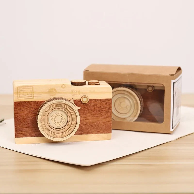 Wooden camera design music box with rotating mechanism in mini carton packaging