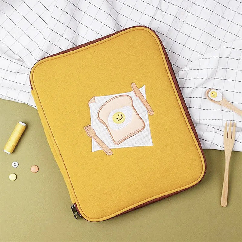 Yellow embroidered toast laptop liner bag for 11-inch and 13-inch notebooks with zipper pocket