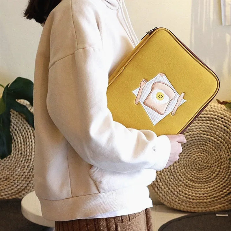 Yellow embroidered toast laptop liner bag for 11-inch and 13-inch notebooks with zipper pocket