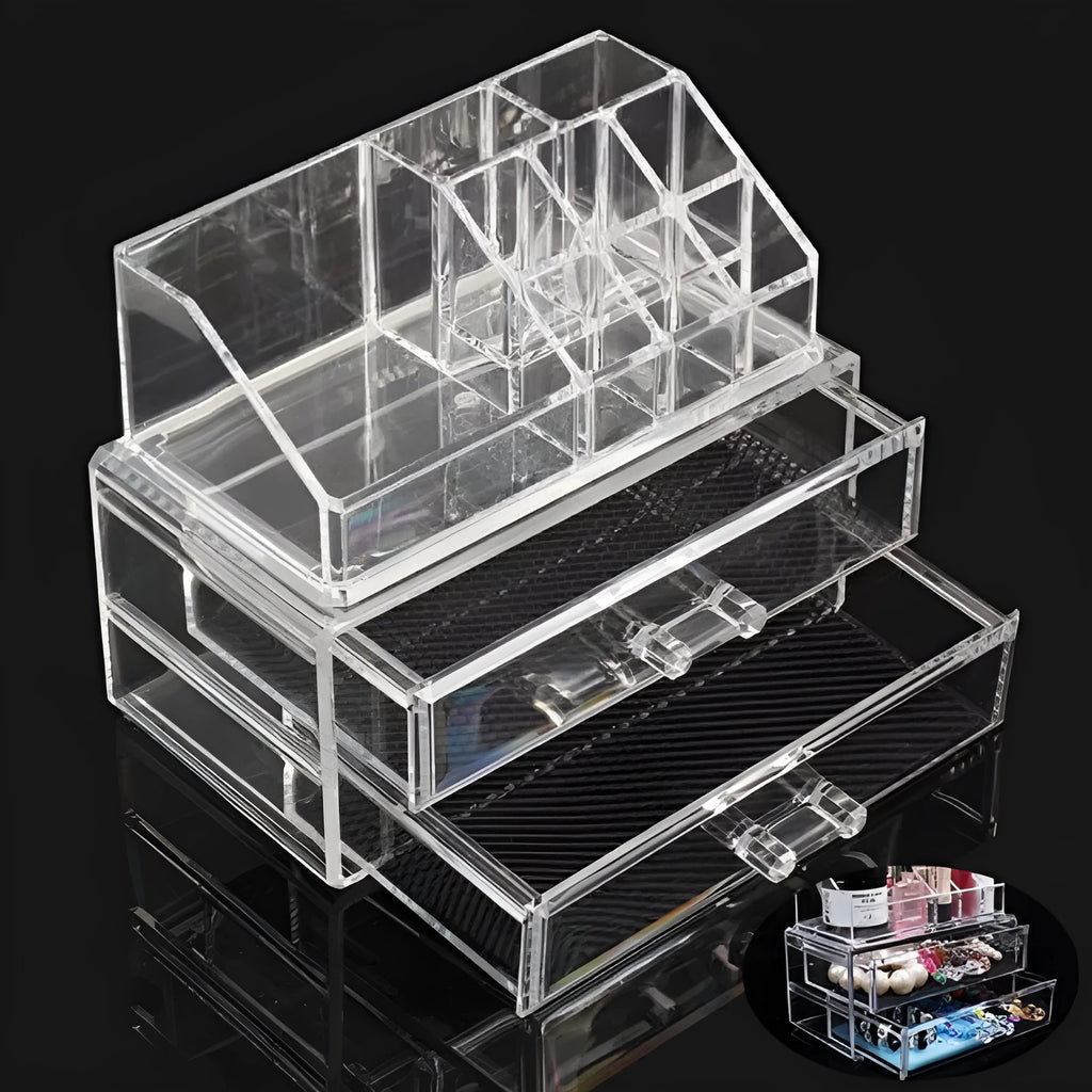 Clear acrylic foldable storage container with 18-litre capacity for cosmetic organisation