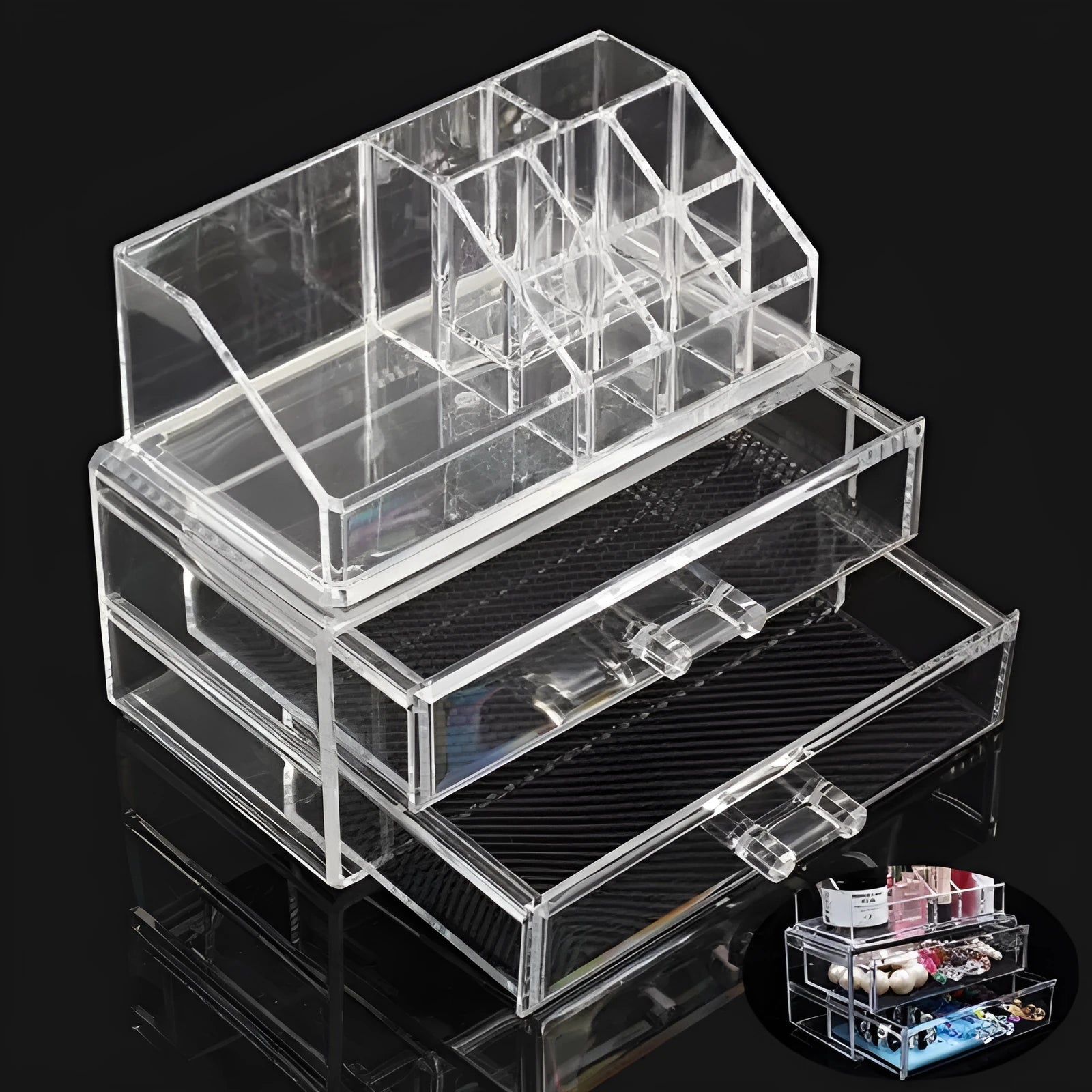 Clear acrylic foldable storage container with 18-litre capacity for cosmetic organisation