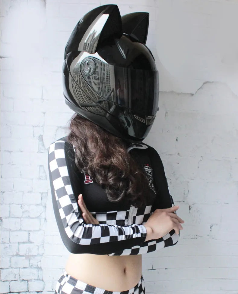 Full-face ABS motorcycle helmet with cat ears and headless rider design, black, for adults