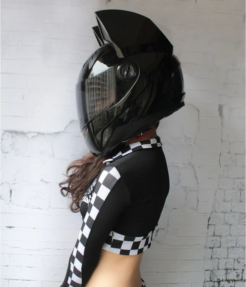 Full-face ABS motorcycle helmet with cat ears and headless rider design, black, for adults