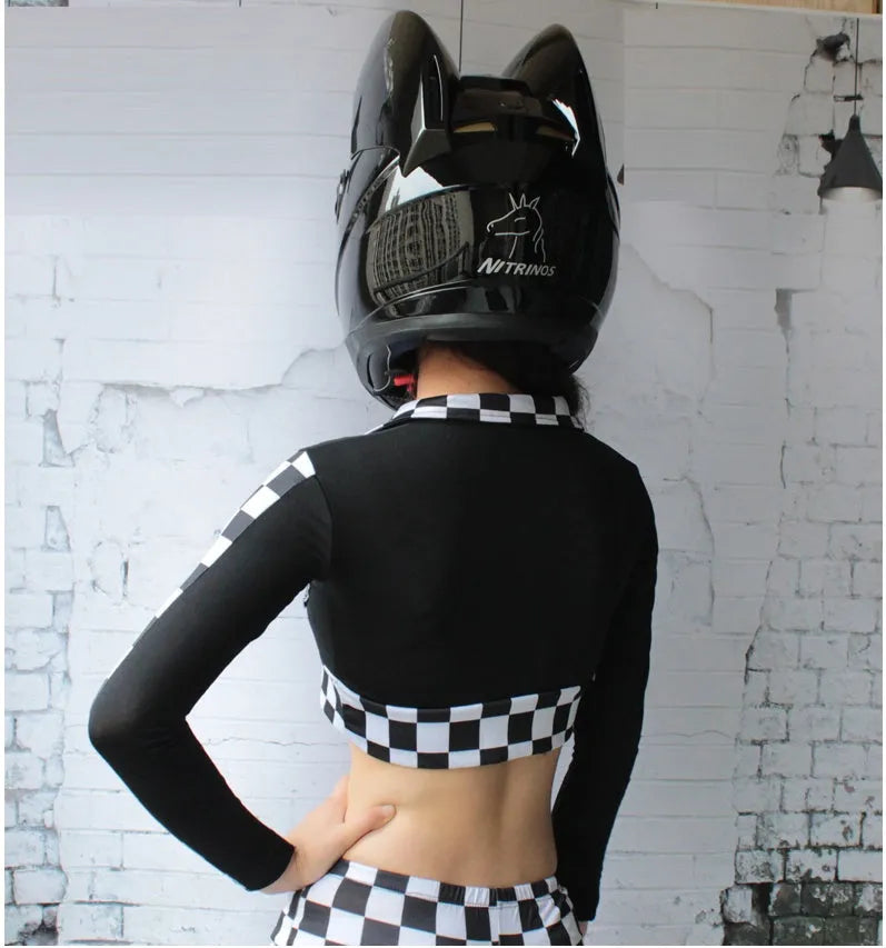 Full-face ABS motorcycle helmet with cat ears and headless rider design, black, for adults