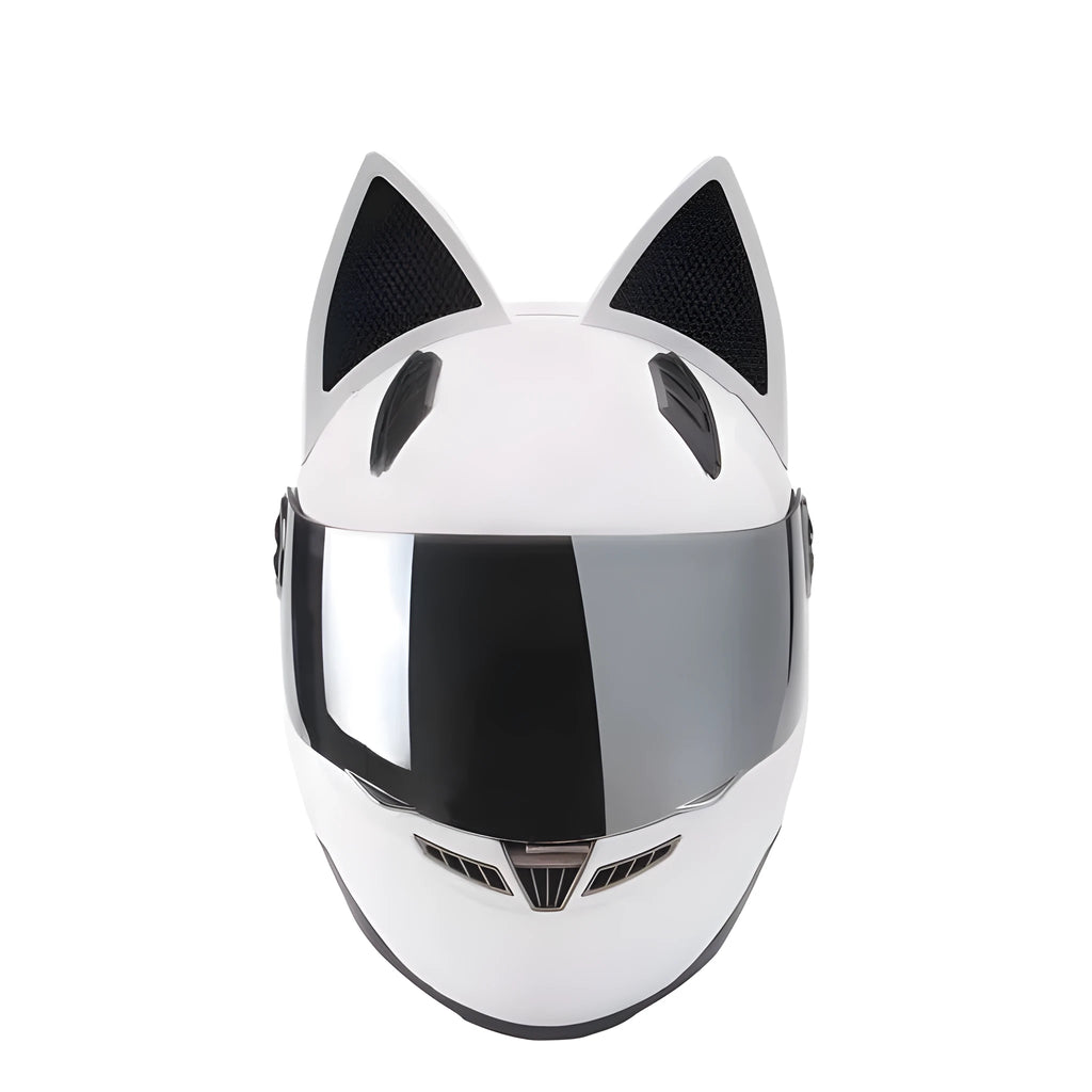 Full-face ABS motorcycle helmet with cat ears and headless rider design, black, for adults