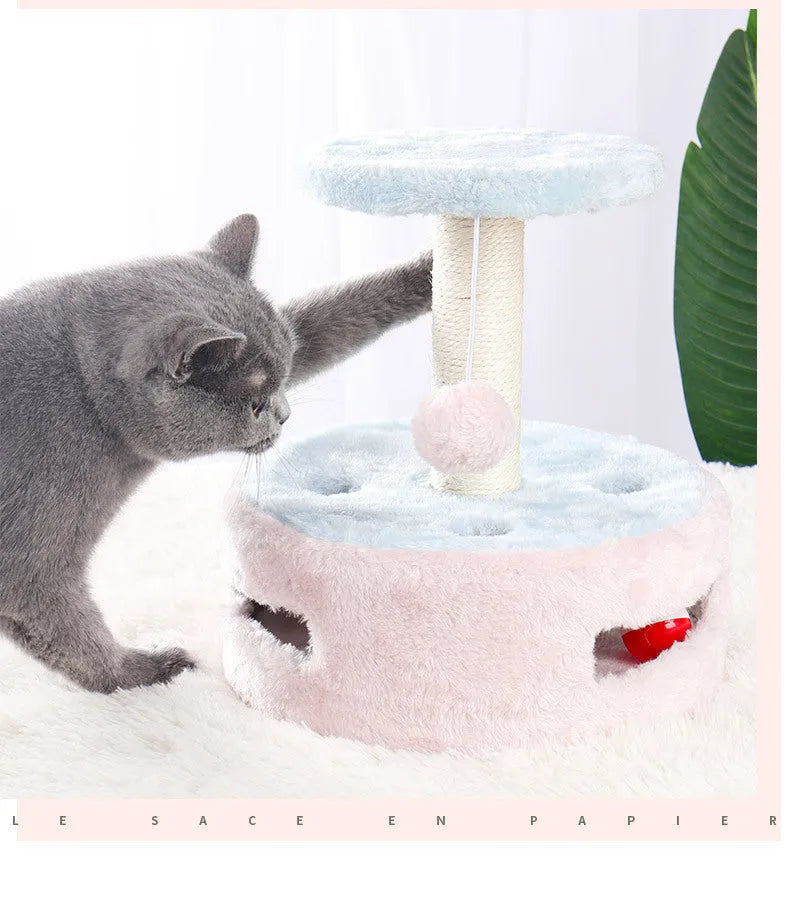 Small cat climbing frame with plush platform and sisal scratching post against a neutral background