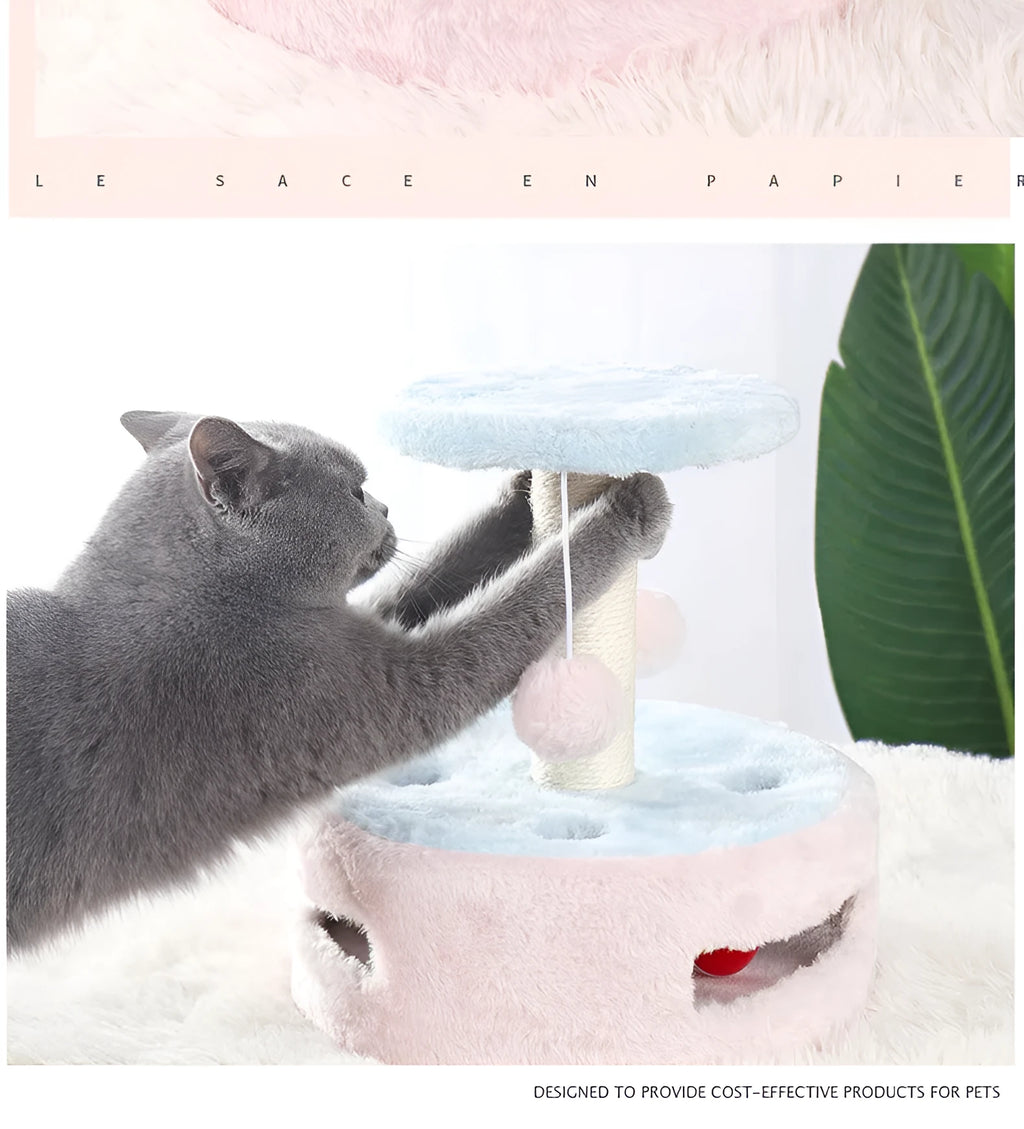 Small cat climbing frame with plush platform and sisal scratching post against a neutral background