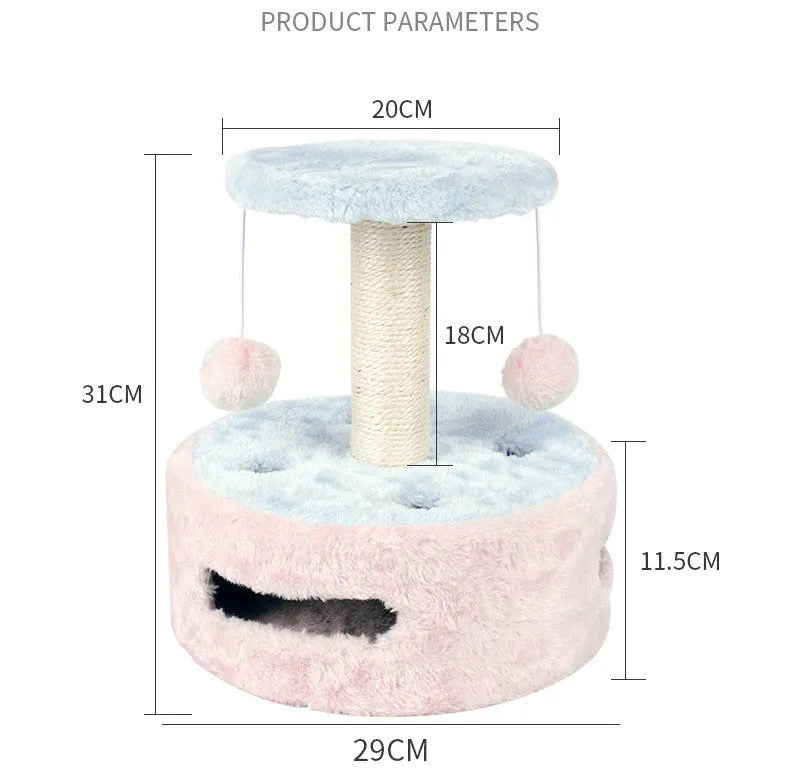 Small cat climbing frame with plush platform and sisal scratching post against a neutral background