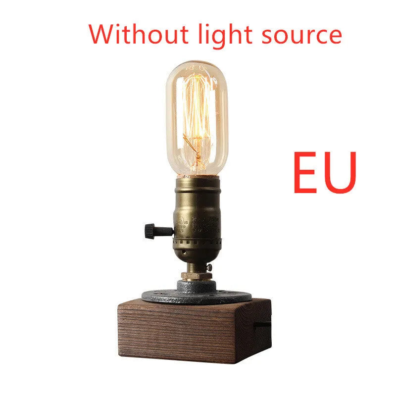 Compact industrial water pipe table lamp made of wood and iron