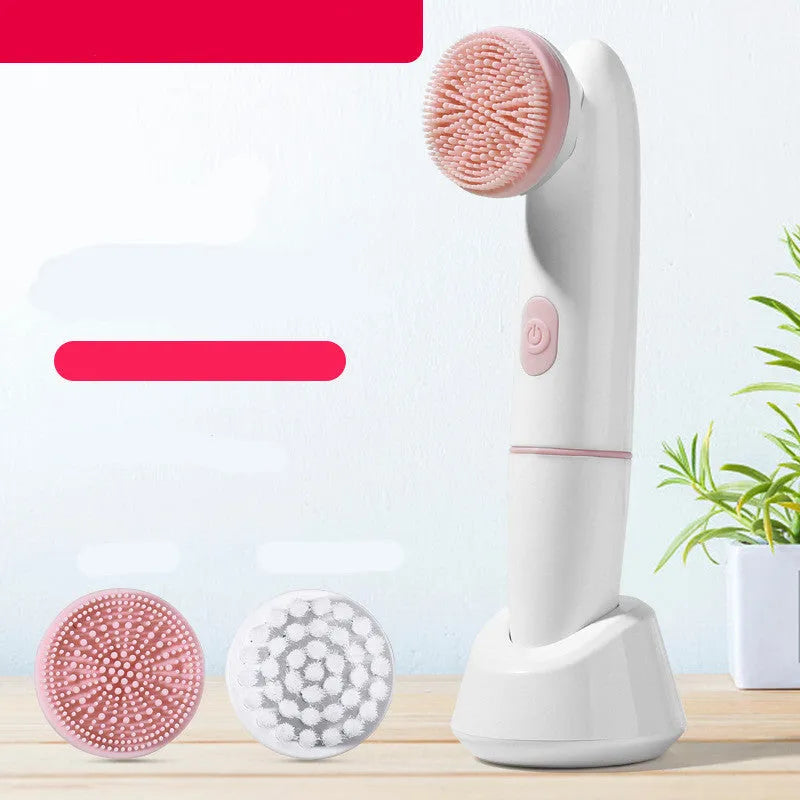 Electric silicone facial cleanser with PBT brush head, IPX7 waterproof ABS body, pink or blue, two speed settings
