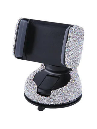 Car mobile phone rack with rhinestone finish, dual-use air vent or dashboard mount, 360 rotation and silicone grip