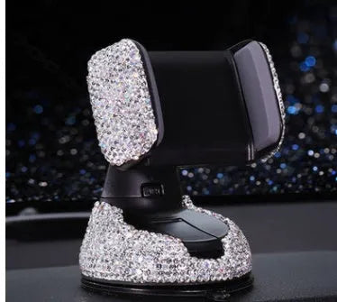 Car mobile phone rack with rhinestone finish, dual-use air vent or dashboard mount, 360 rotation and silicone grip