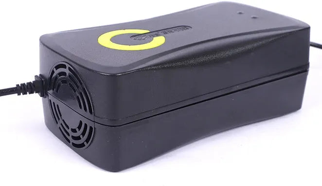 Black alloy electric car charger for 72V 20Ah batteries with automatic power-off