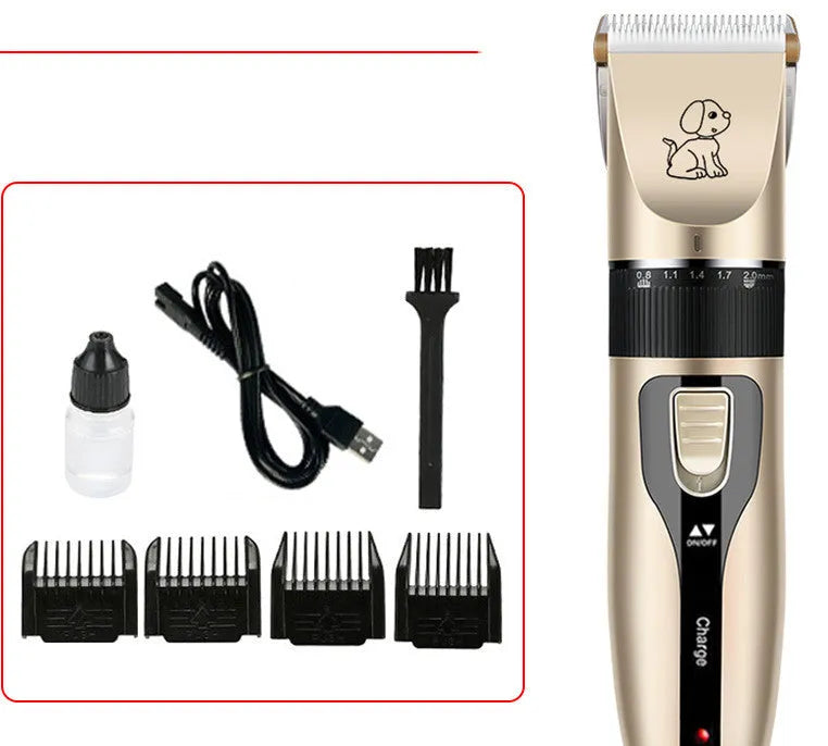 Pet electric hair clipper set with ceramic blade and multiple accessories including nail cover and steel comb
