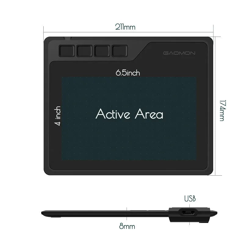 Gaoman S620 drawing board, USB digital graphics tablet with electromagnetic pressure induction for PS and AI