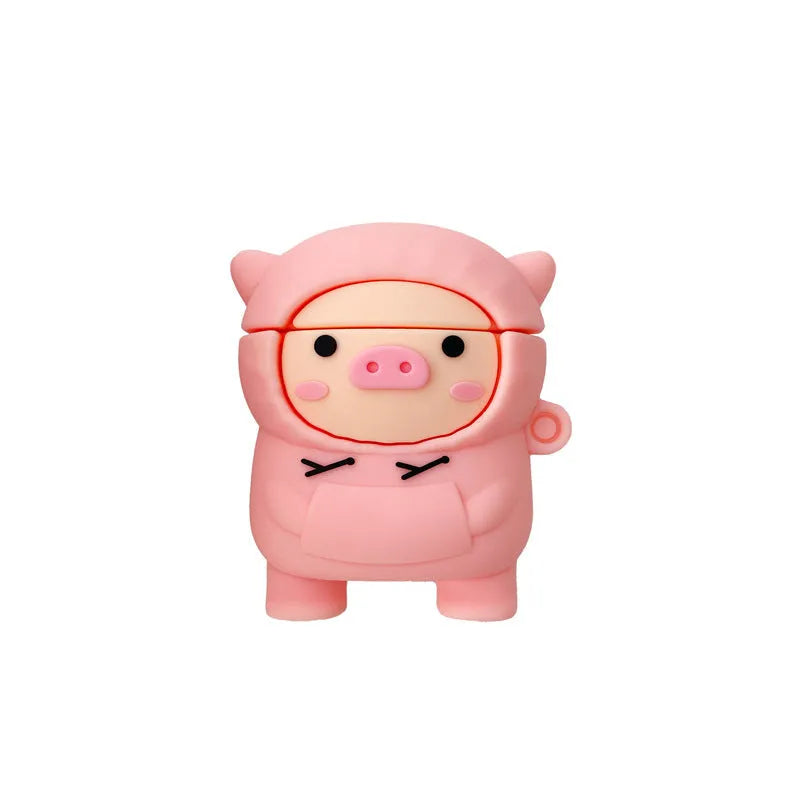 Pink cartoon pig design soft silicone flip case for Apple AirPods with a keychain hook.